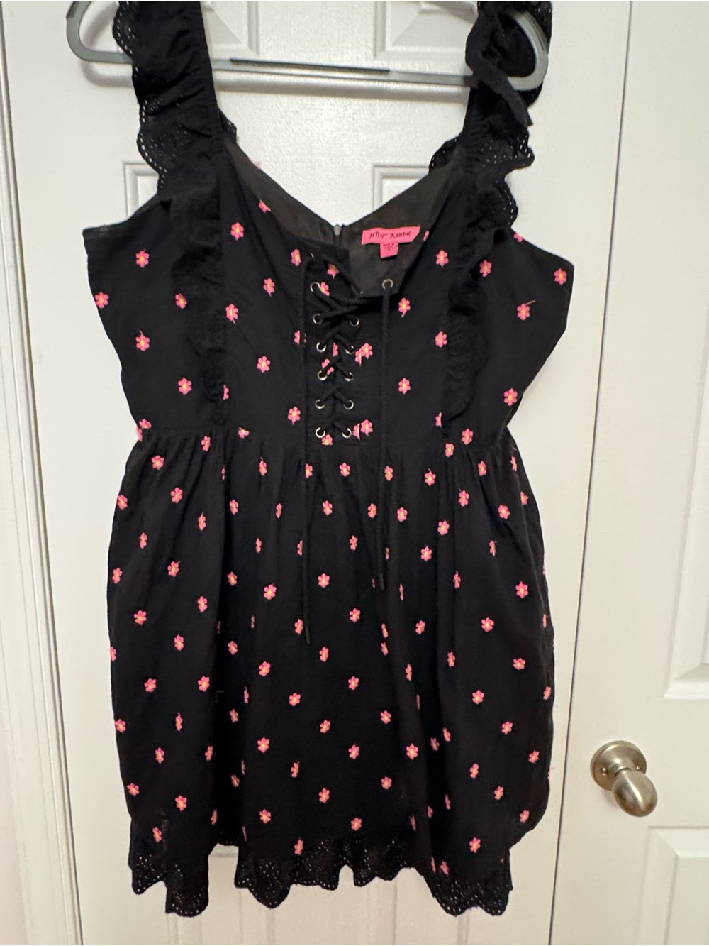Betsey Johnson Black Dress with Pink Daisy Embroidery